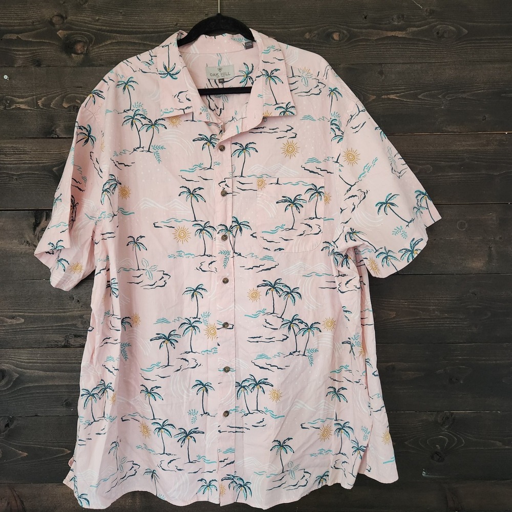 Oak Hill Men's 3XL Pink Tropical Palm Tree Sun Cotton Short Sleeve Shirt